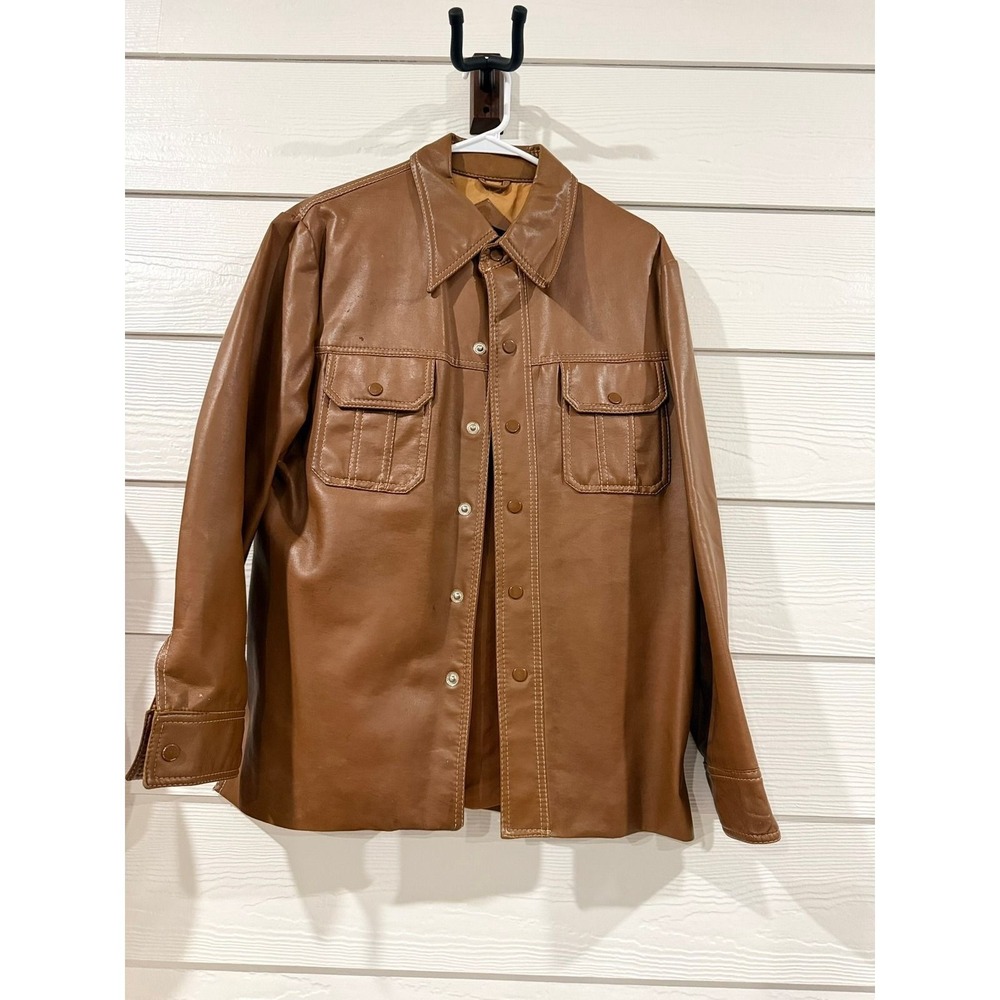 B- 039- Vintage JCPenney Mens Brown Leather Snap Front Shirt Jacket 70s Style Md